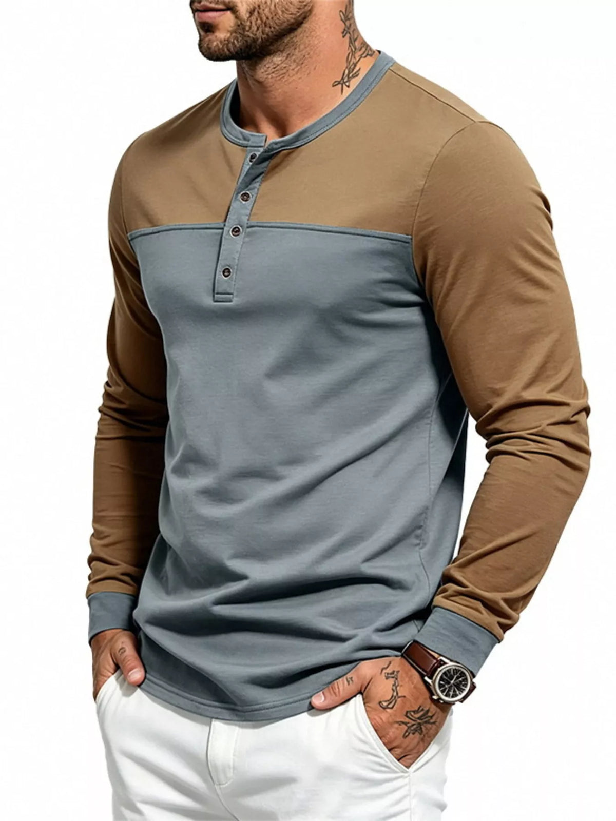 Men's Full Size Color-Block Long Sleeve Henley T-Shirt Plus Size - Lilixa.store