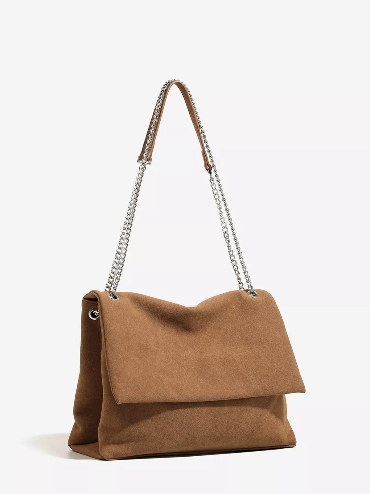Suede Shoulder Bag with Metallic Chain Strap