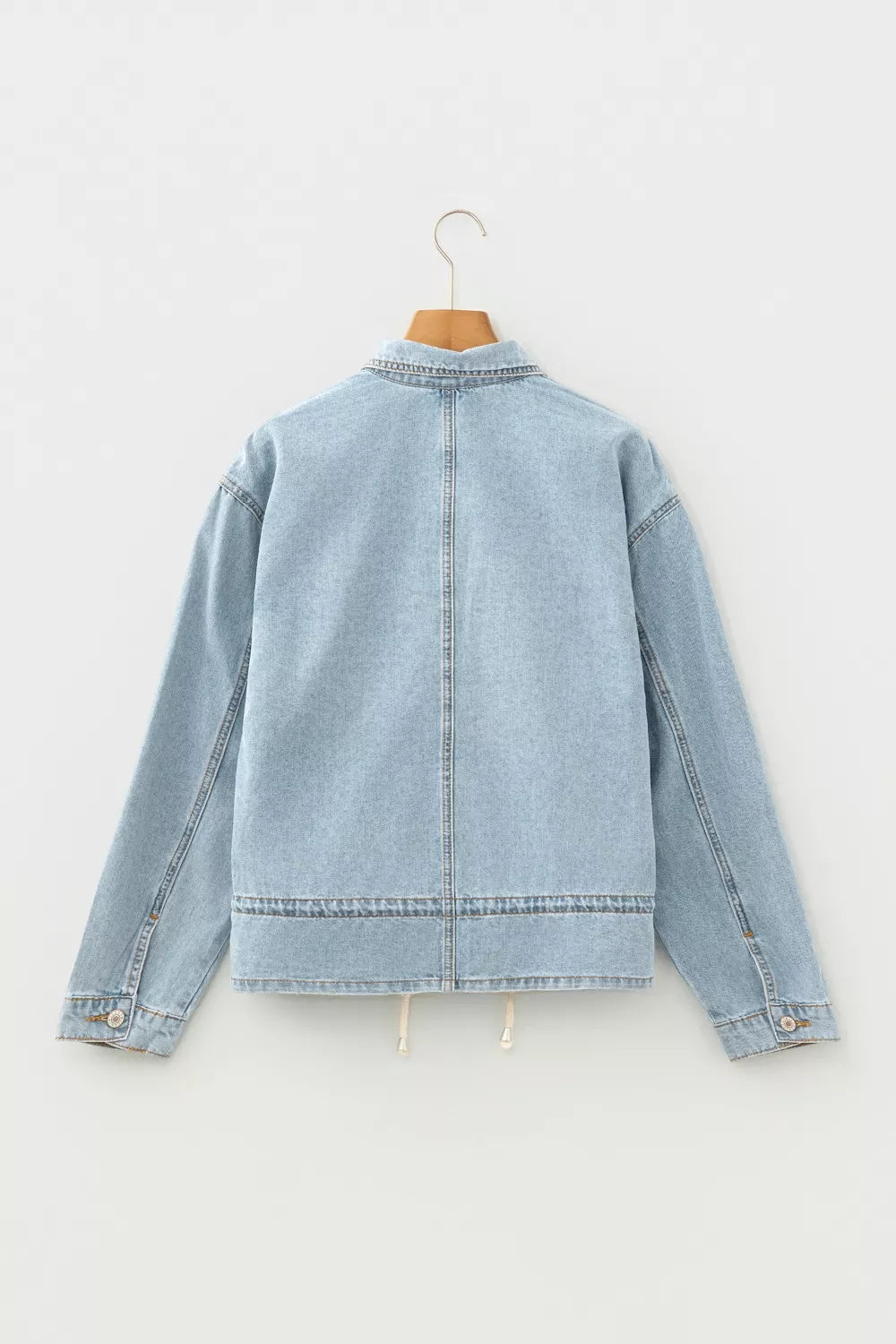 Draw-cord Hem Light Wash Denim Jacket in Light Blue, view 4