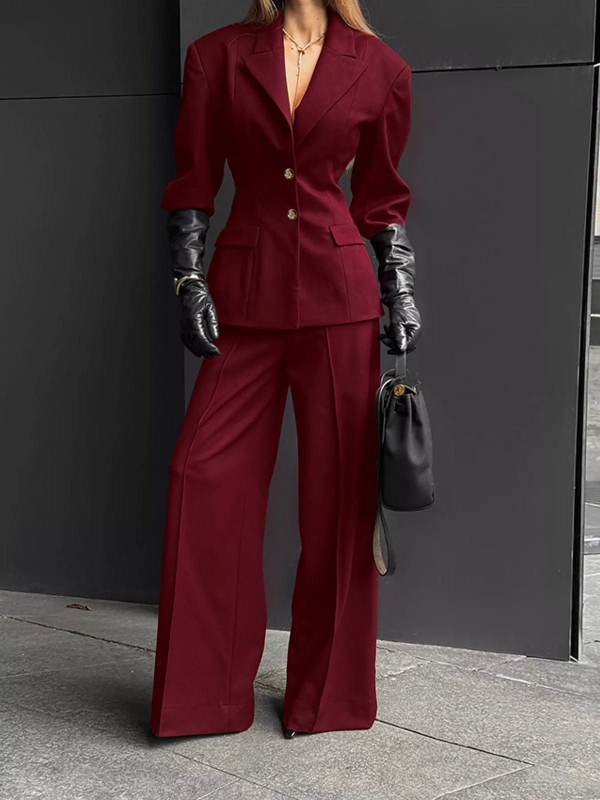 Lapel Collar Blazer and Wide-Leg Pants Set in Wine Red, view 6