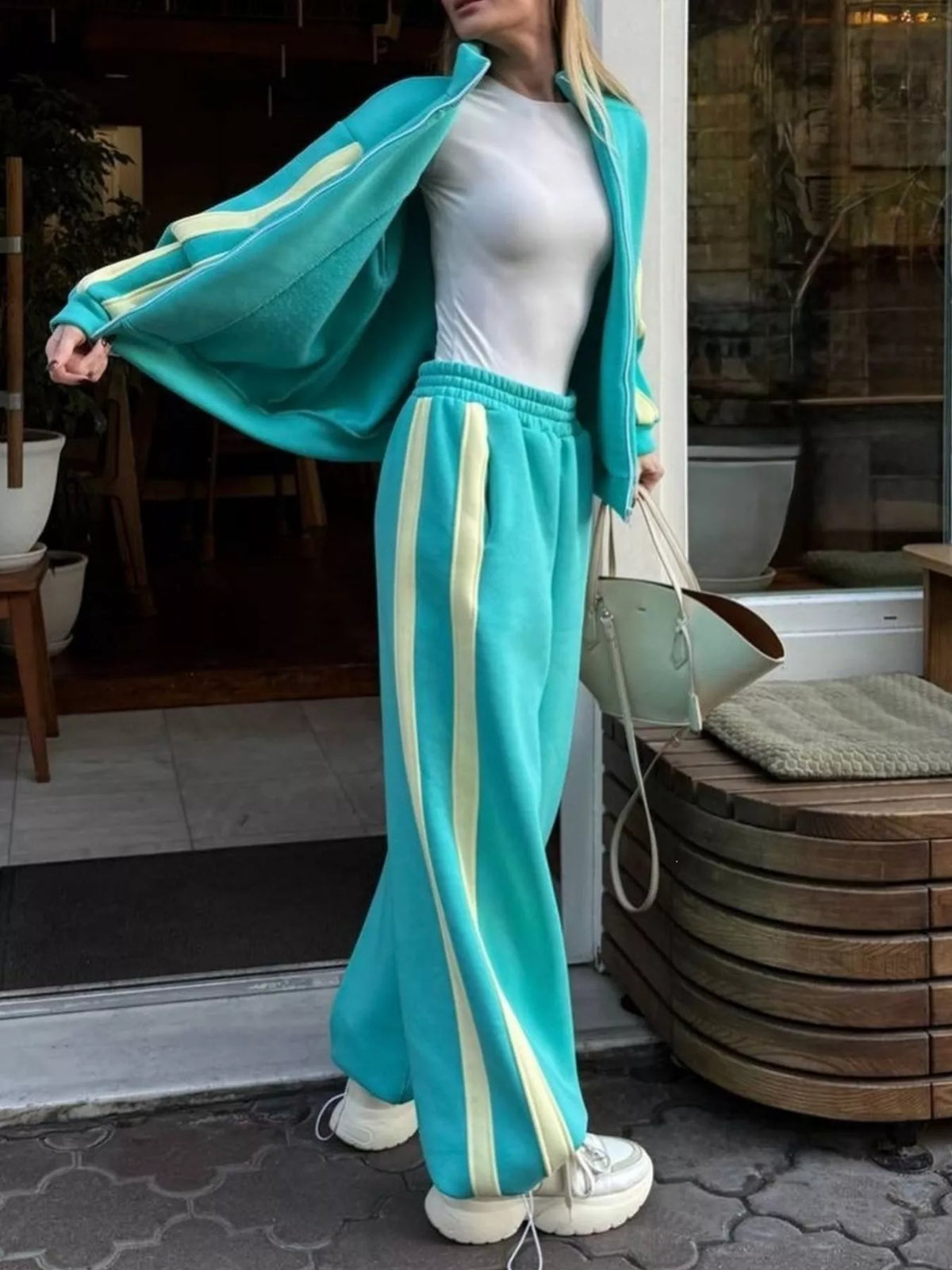 Contrast Striped Zip Up Top and Pants Set - Lilixa.store