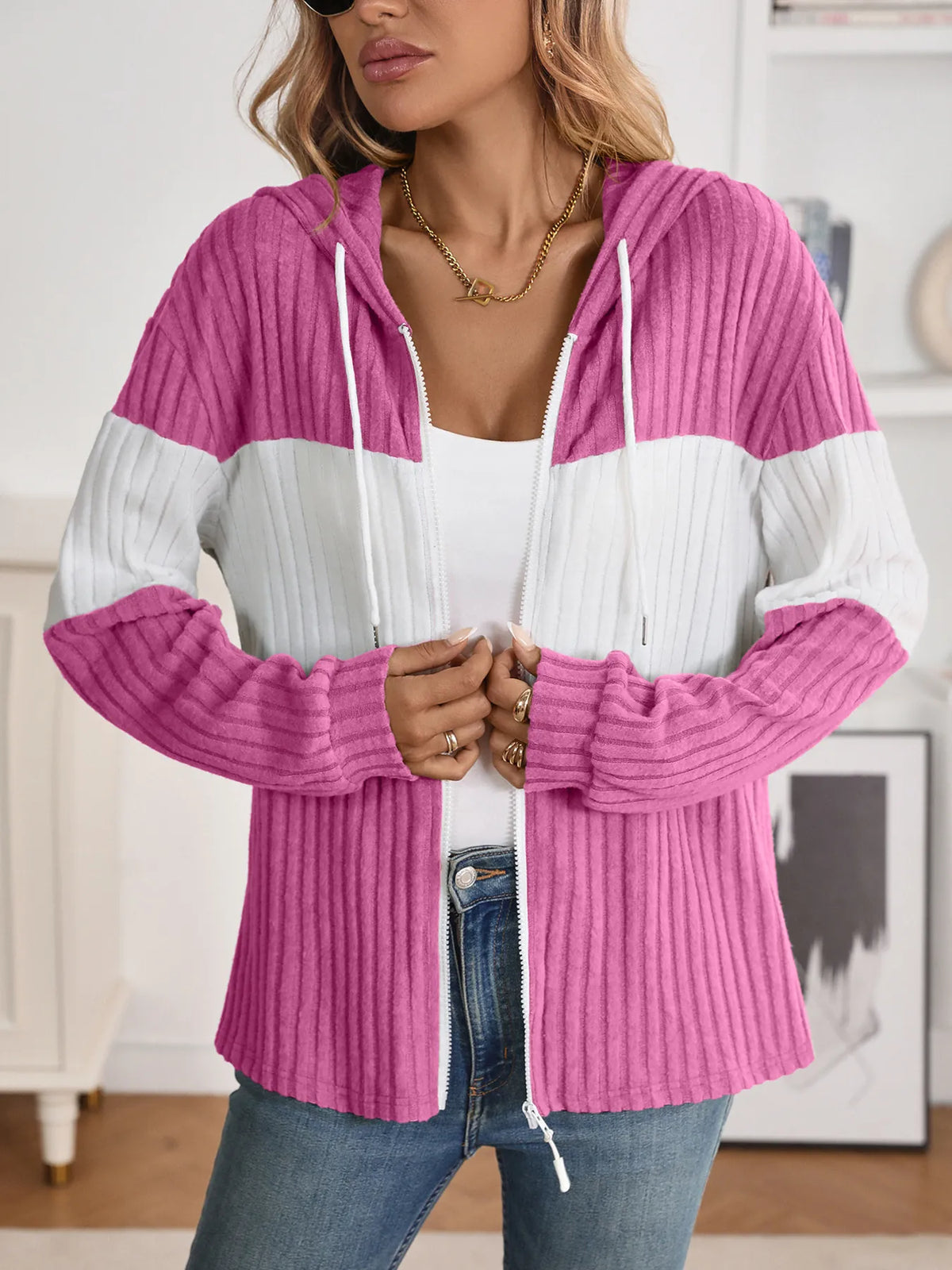 Drawstring Color Block Zip Up Outerwear - Lilixa.store