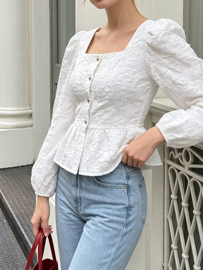 Square Neck Textured Peplum Blouse in White