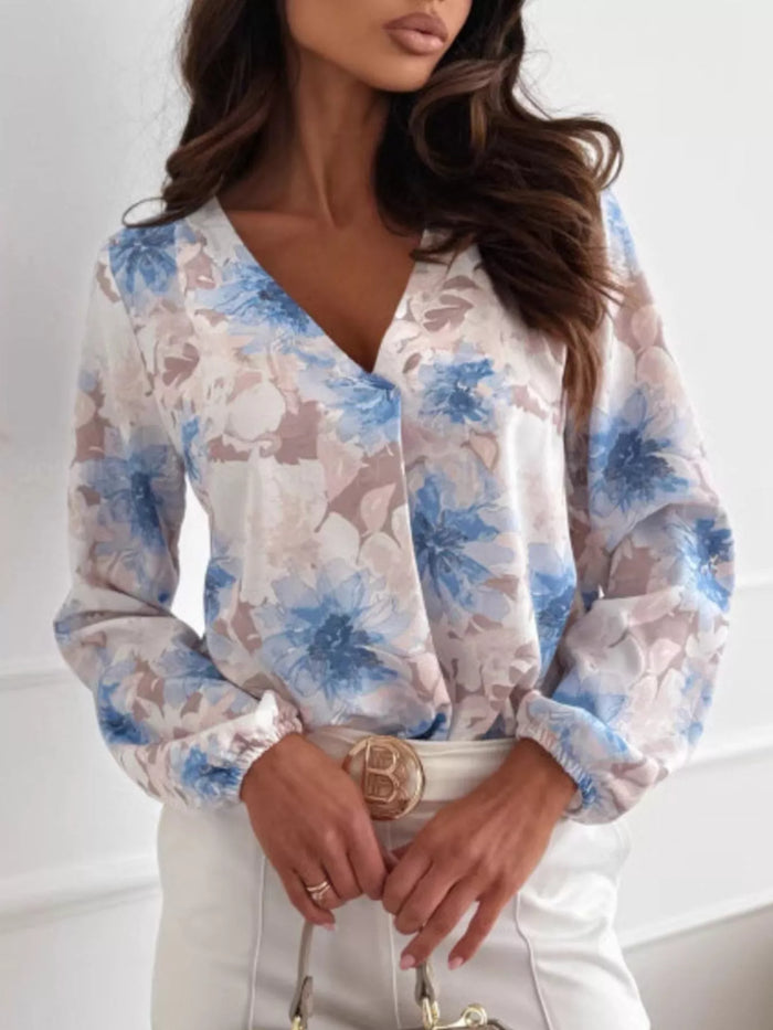 Floral Print Balloon Sleeve Blouse in Sky Blue