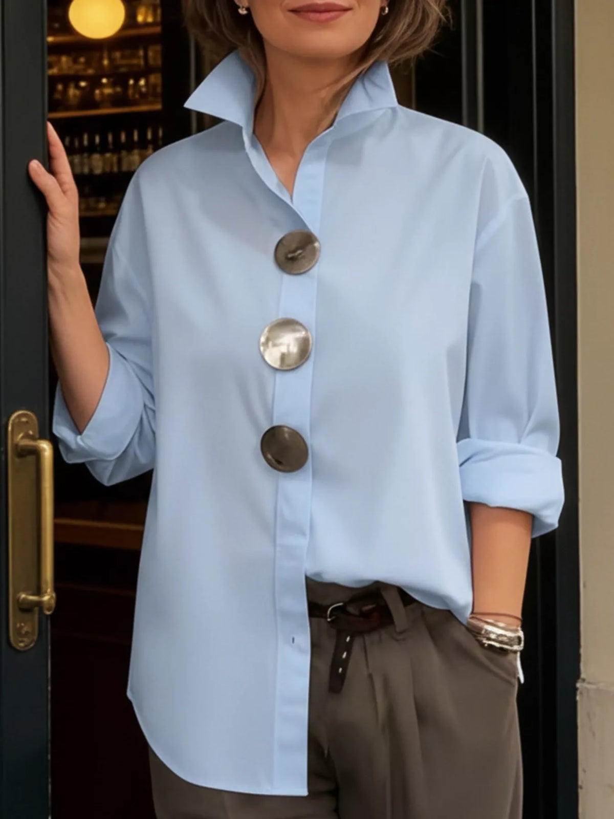 Full Size Oversized Metal Button Long Sleeve Shirt Plus Size - Lilixa.store