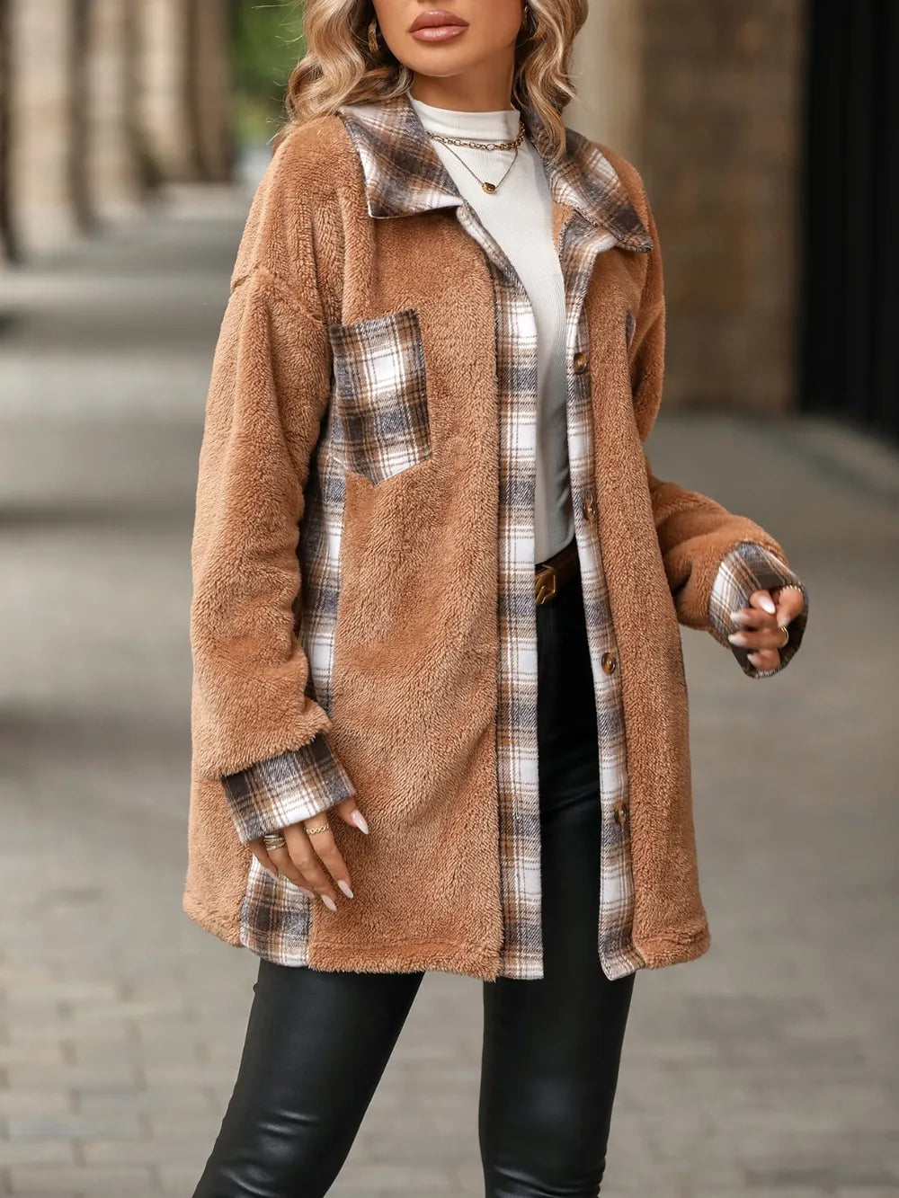 Plaid Contrast Dropped Shoulder Coat in Khaki