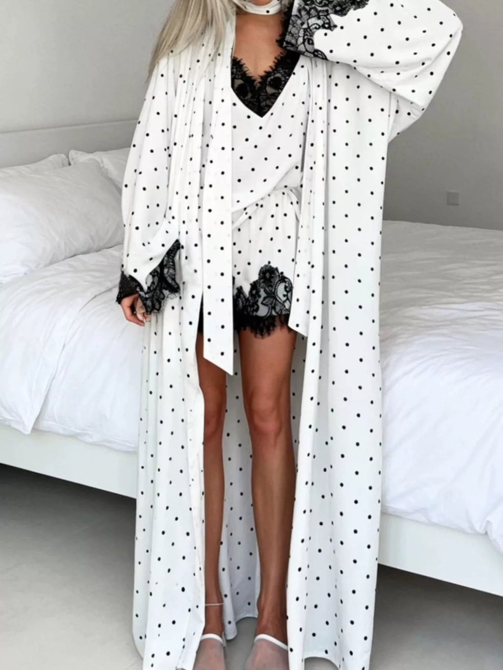 Polka Dot Lace Trim Cami & Cardigan and Shorts Set - Lilixa.store
