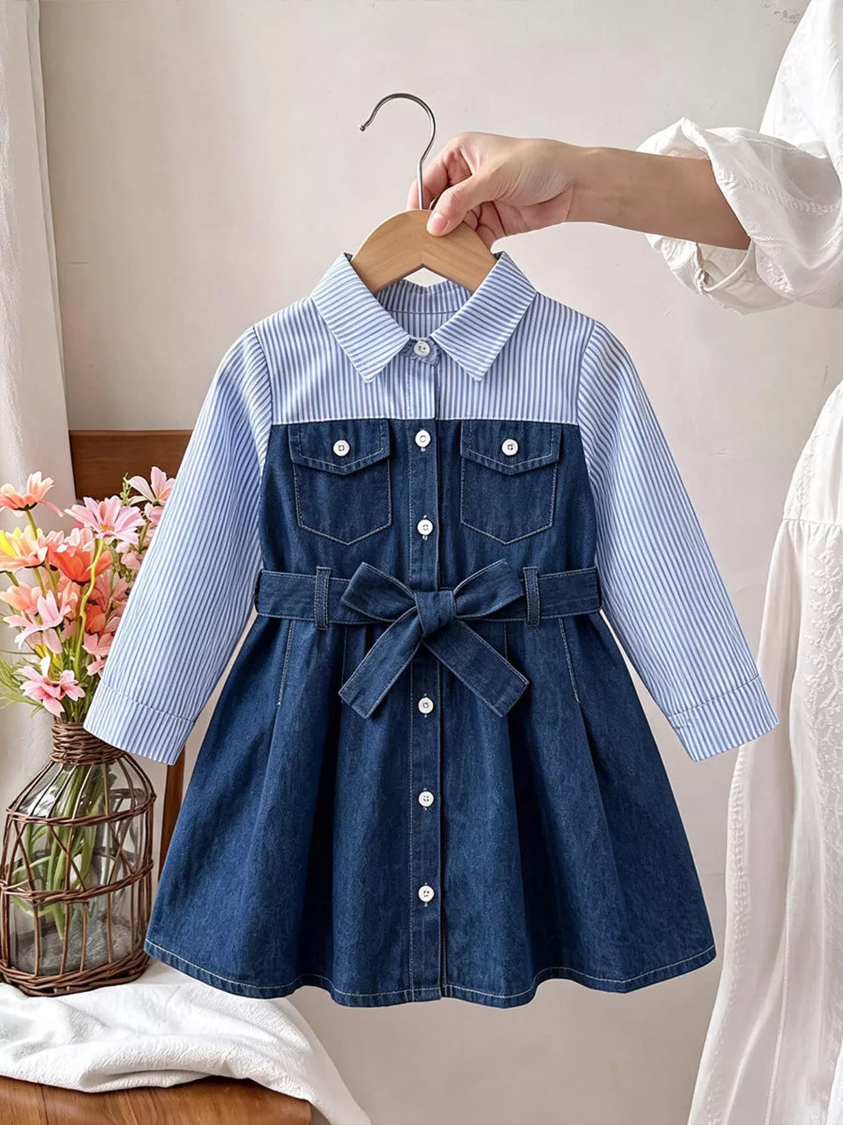 Children's Contrast Striped Denim Patchwork Dress with Belt in Blue