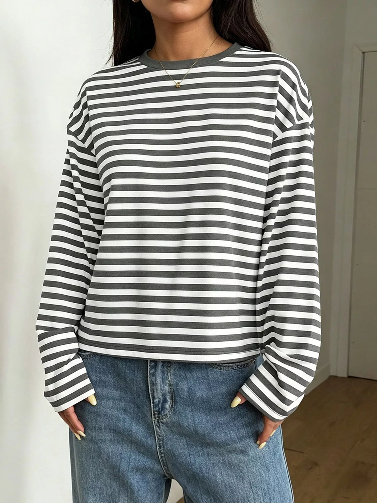 Full Size Casual Long-Sleeve Striped Crew Neck T-Shirt Plus Size in Gray