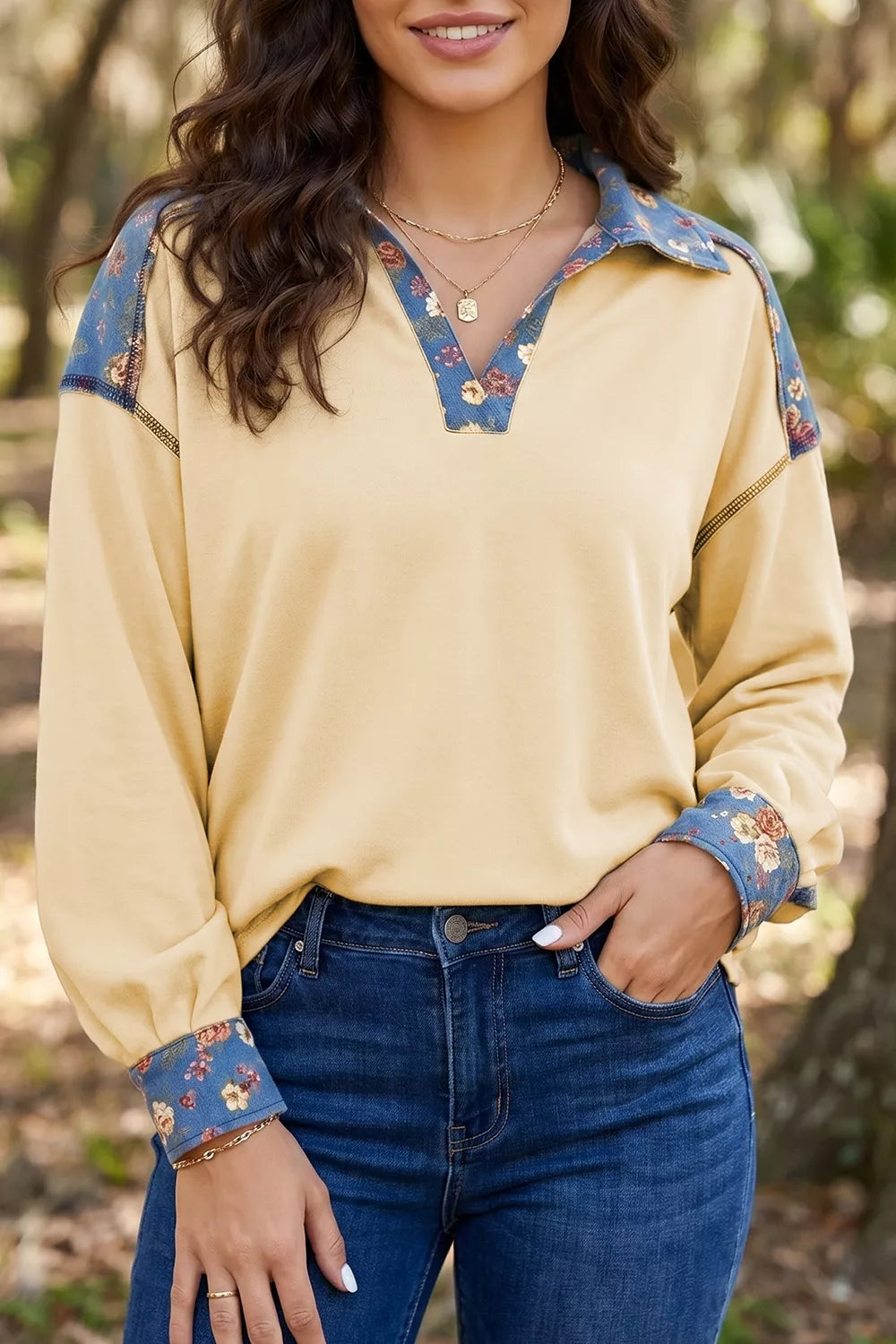 Floral Denim Patchwork Collar V Neck Long Sleeve Pullover Top, view 3
