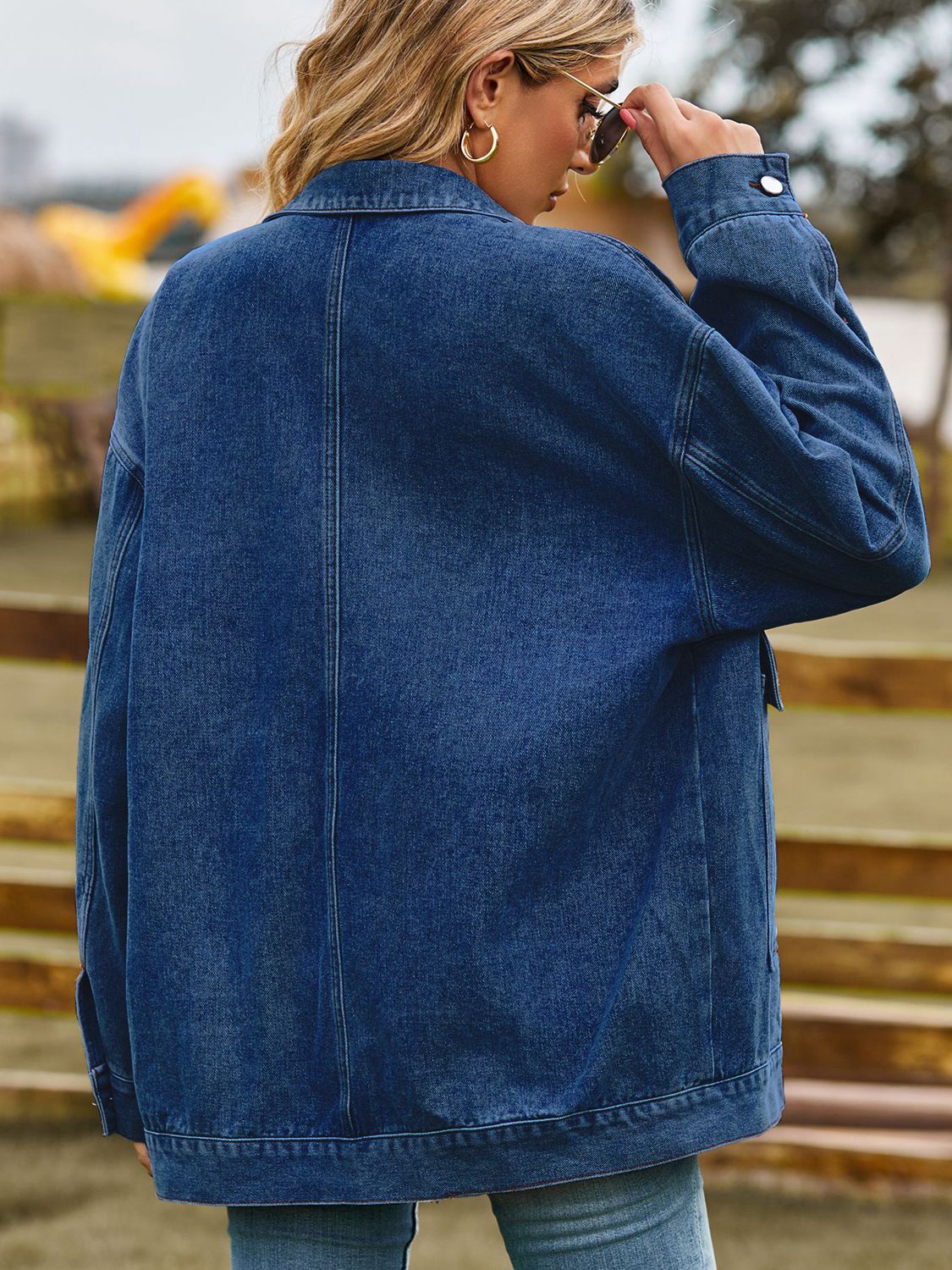 Dropped Shoulder Denim Jacket with Pockets in Dark Gray, view 2