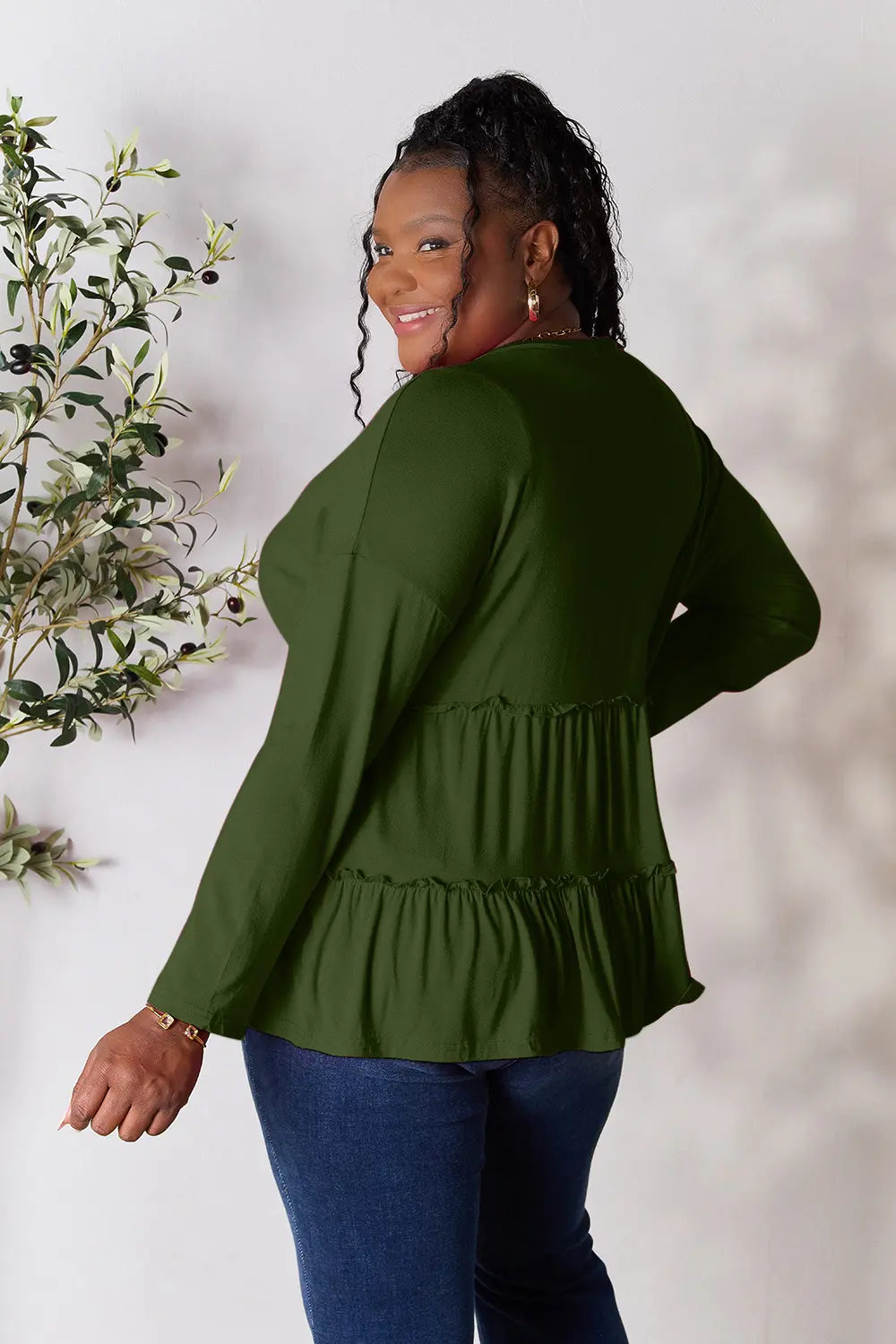 Double Take Half Button Long Sleeve Ruffle Hem Blouse - Lilixa.store