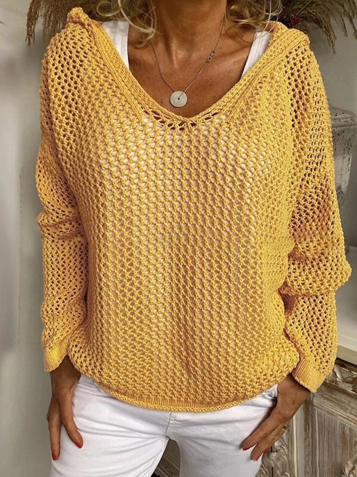 Openwork Long Sleeve Hooded Knit Cover Up - Lilixa.store