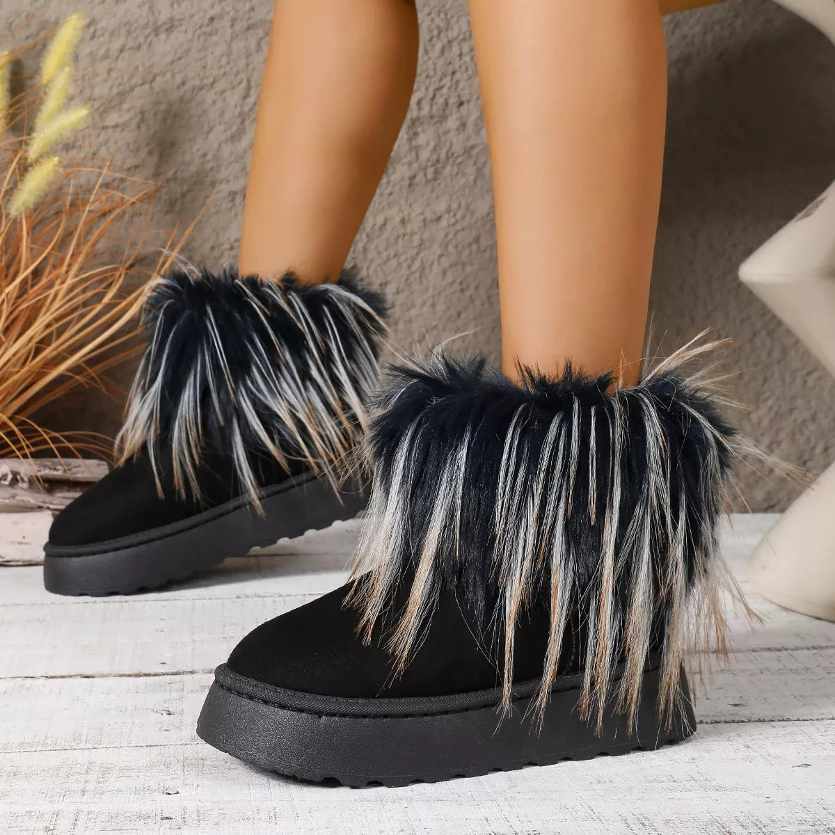 Fuzzy Trim Platform Ankle Boots - Lilixa.store
