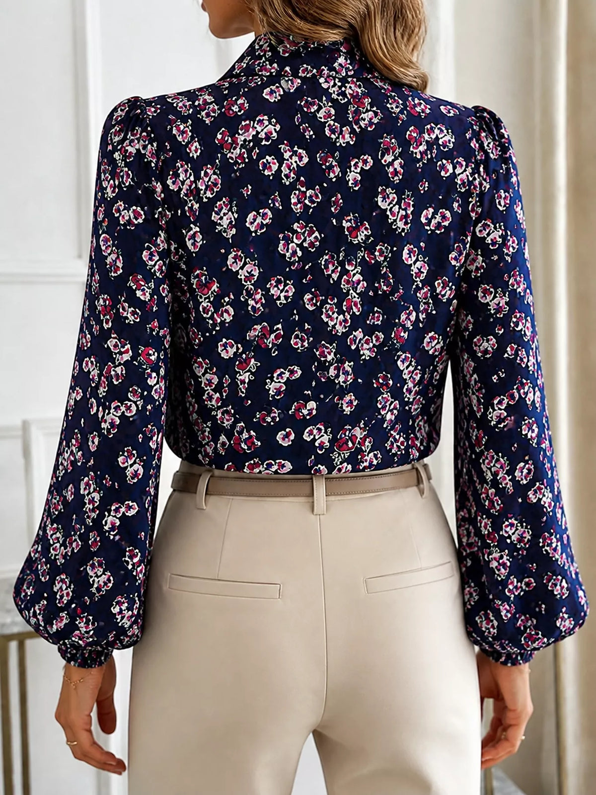 Printed Bow-Tie Neck Long Sleeve Blouse