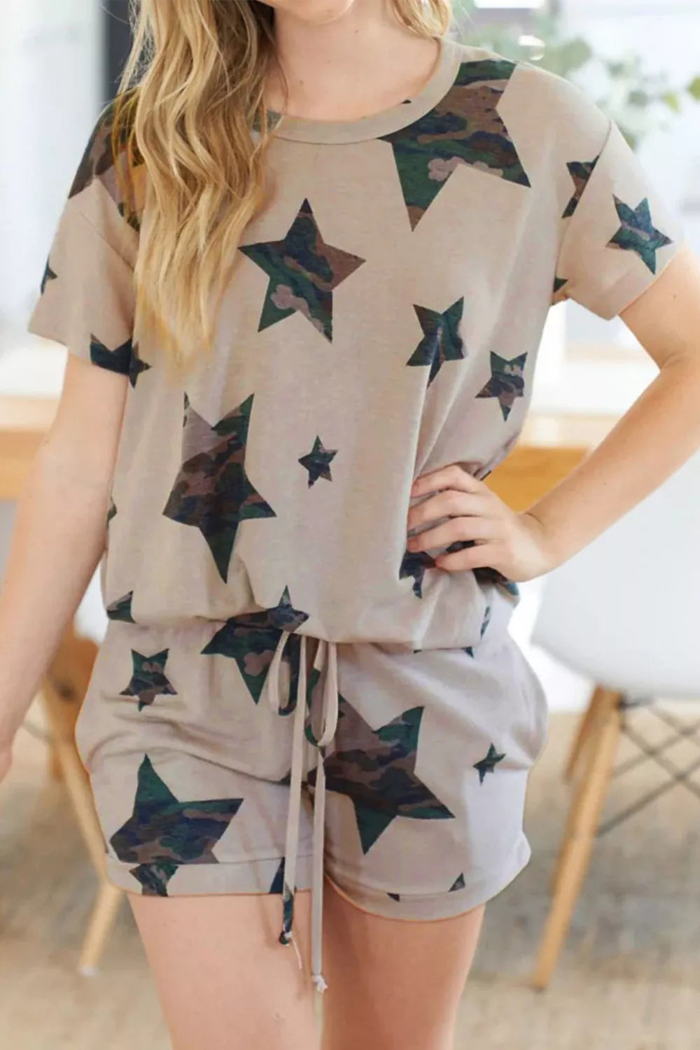 Camo Star Print Tee and Shorts Lounge Set - Lilixa.store