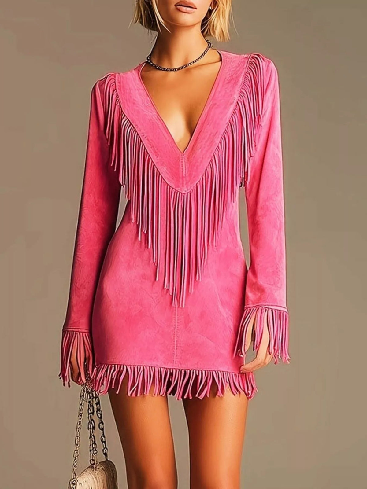 Boho Chic Fringed Suede V-Neck Mini Dress in Hot Pink
