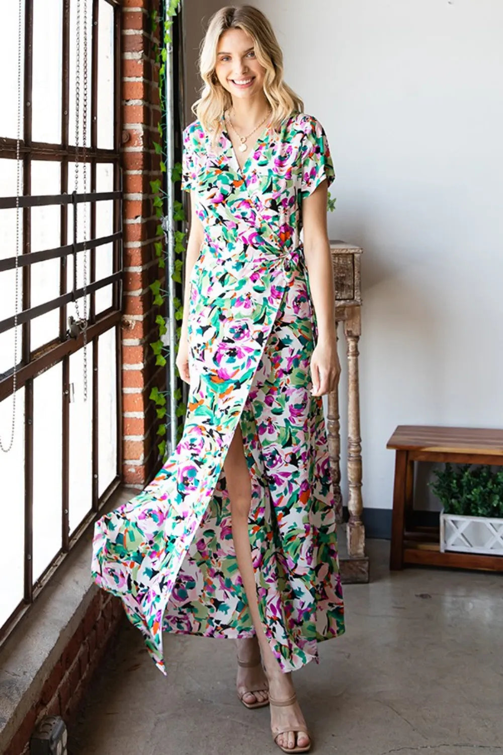 First Love Slit Printed Surplice Tie Waist Short Sleeve Dress - Lilixa.store