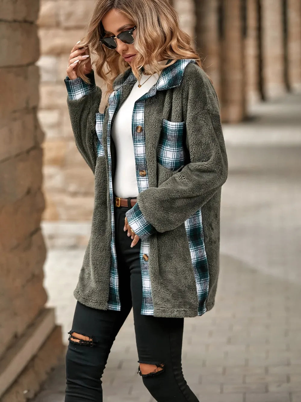 Plaid Contrast Dropped Shoulder Coat, view 8
