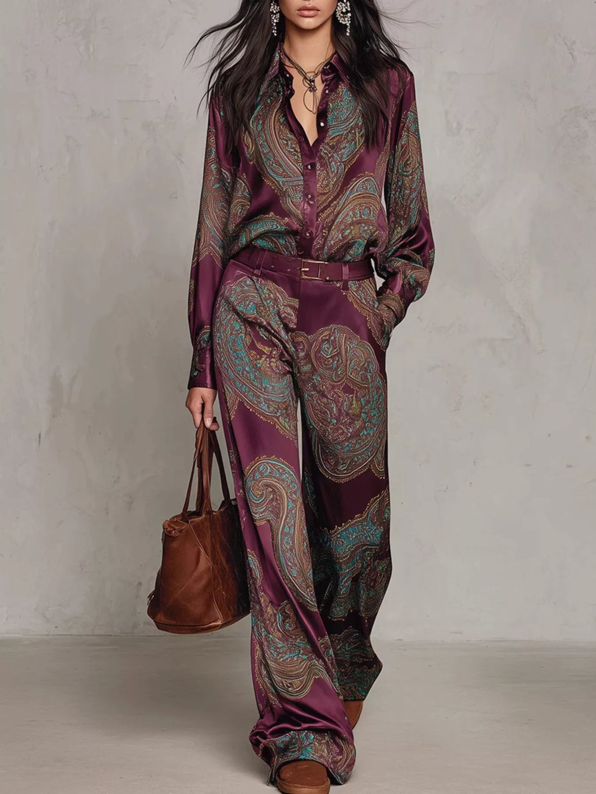 Paisley Print Long Sleeve Shirt and Wide-Leg Pants Set