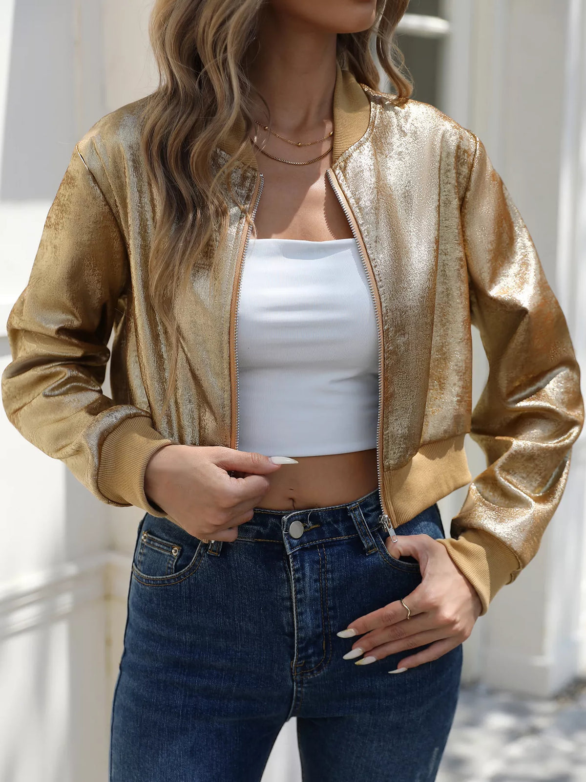 Zip Up Cropped Jacket in Gold, view 6