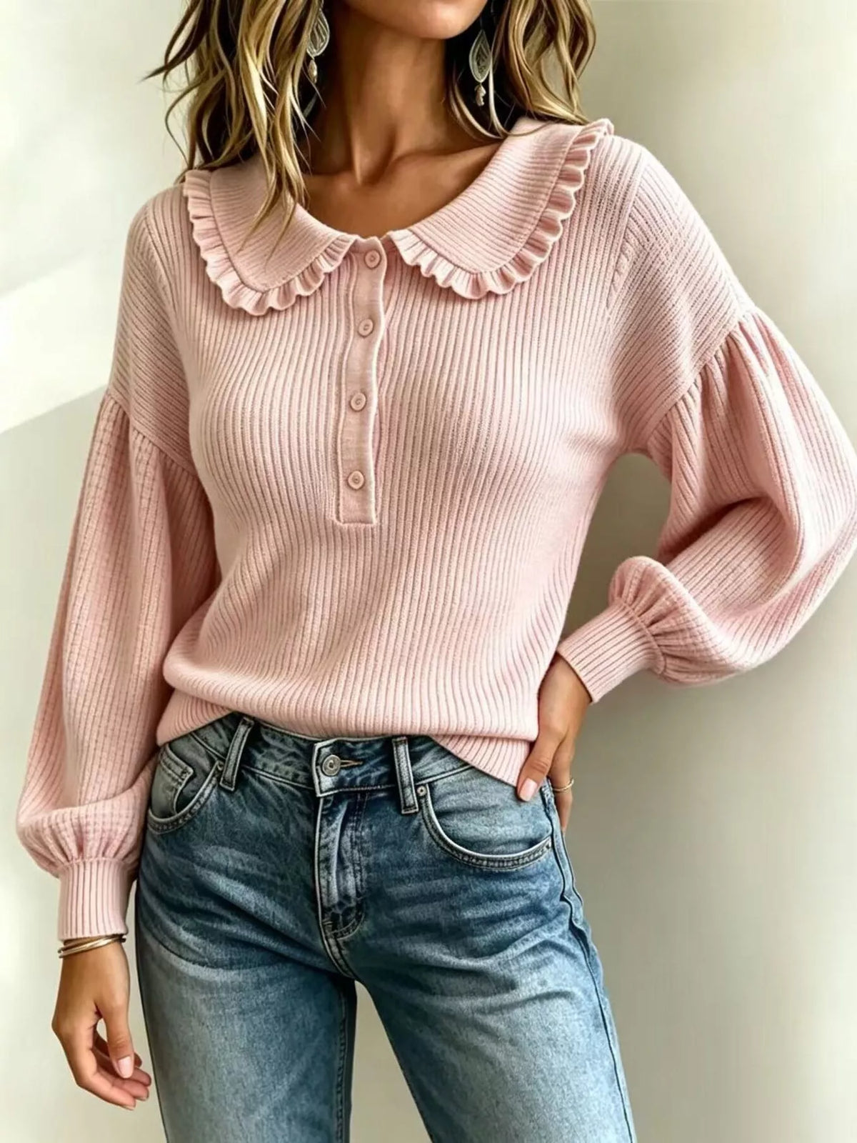 Full Size Ruffle Collar Button Detail Sweater Plus Size