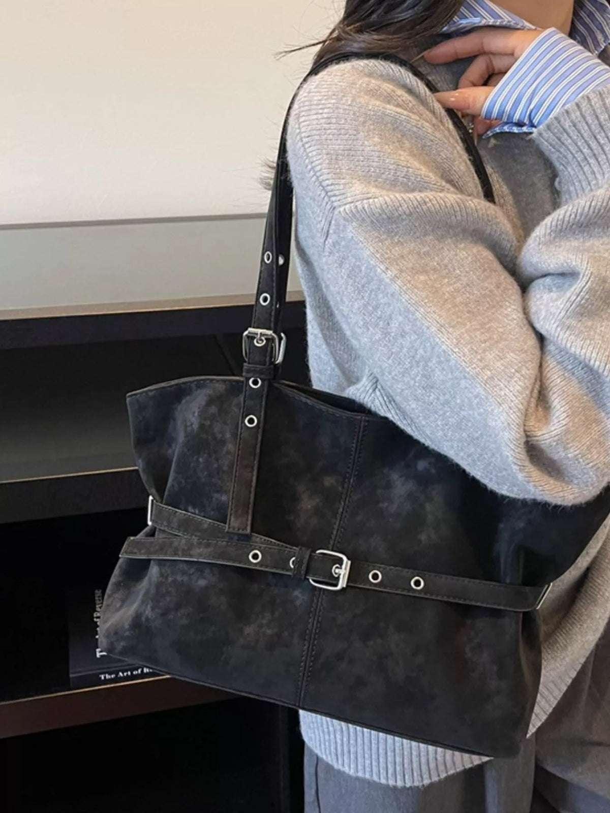 Washed Suede Buckle Detail Tote Bag