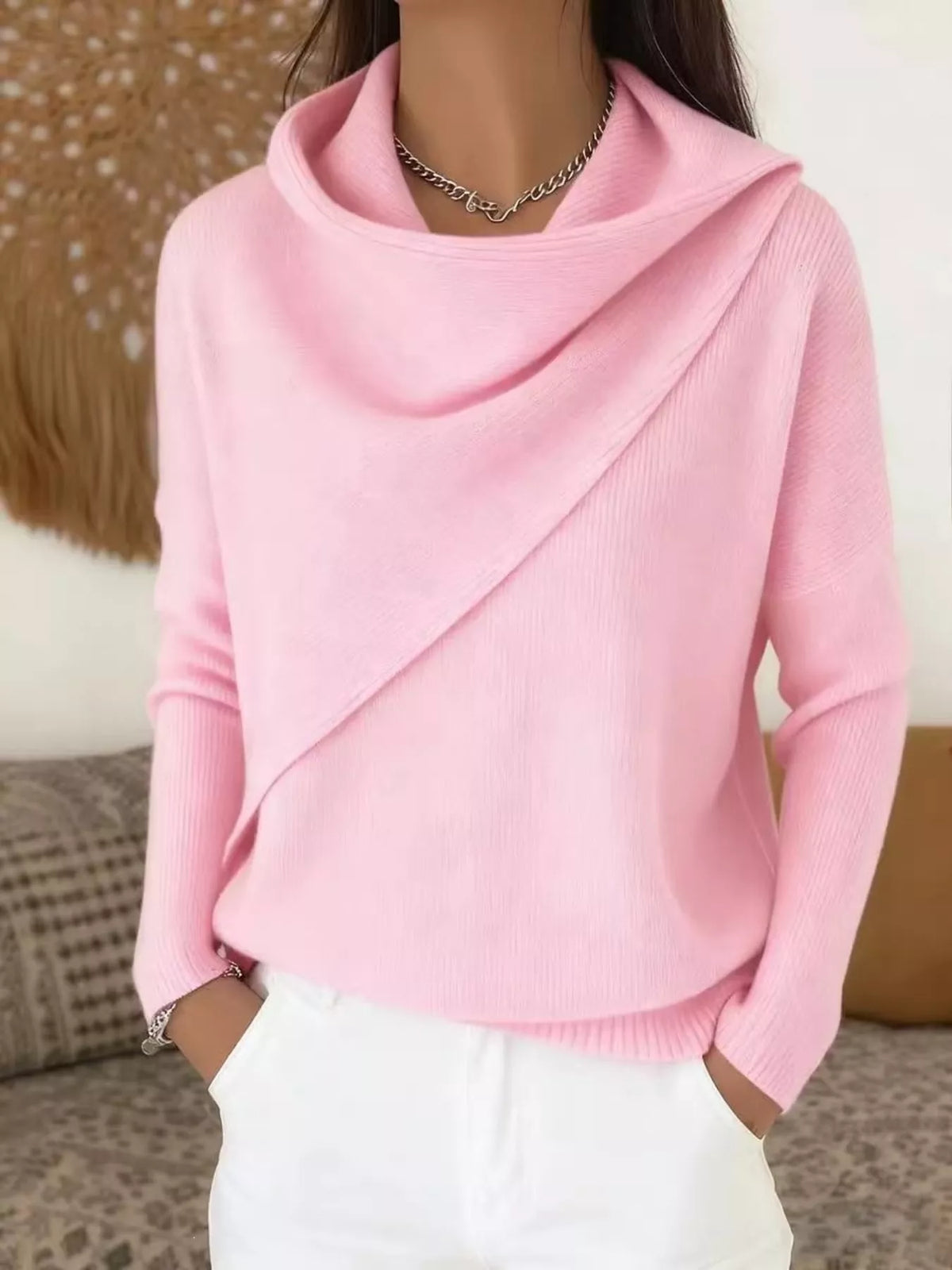 Full Size Solid Color Cowl Neck Sweater Plus Size