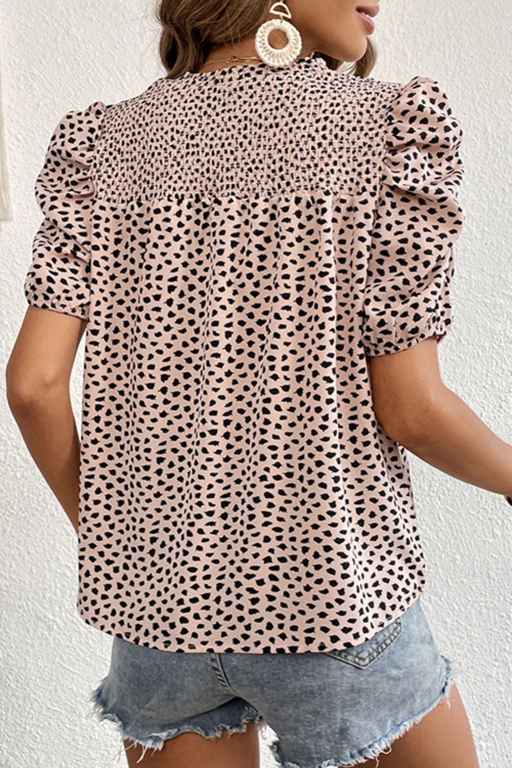 Perfee Printed Smocked Puff Sleeve Blouse in Apricot, view 2