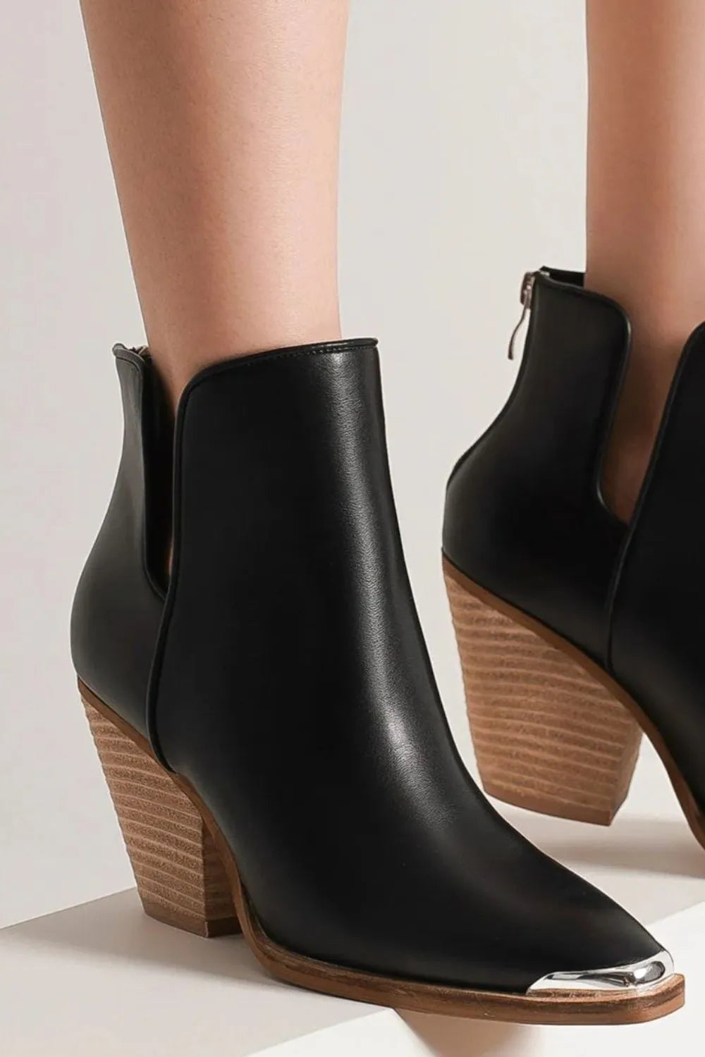 Beast Fashion Pointed Metal-Tip Toe Block Heel Ankle Boots - Lilixa.store