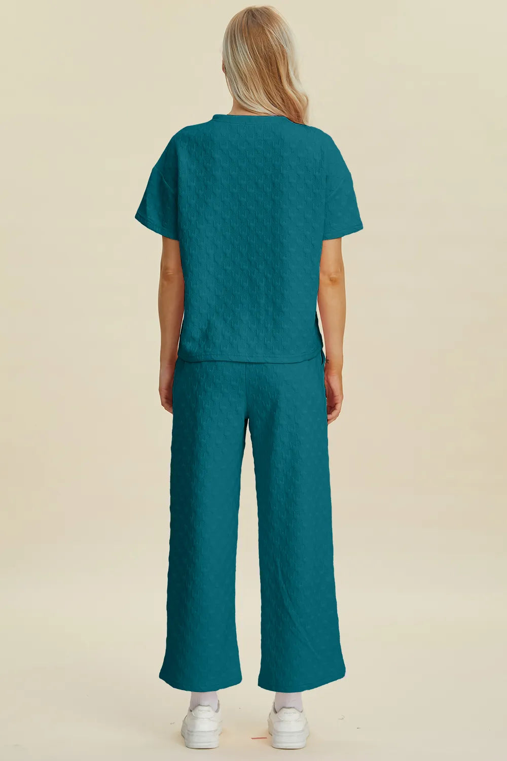 Double Take Full Size Texture Round Neck Short Sleeve Top and Pants Set, view 11
