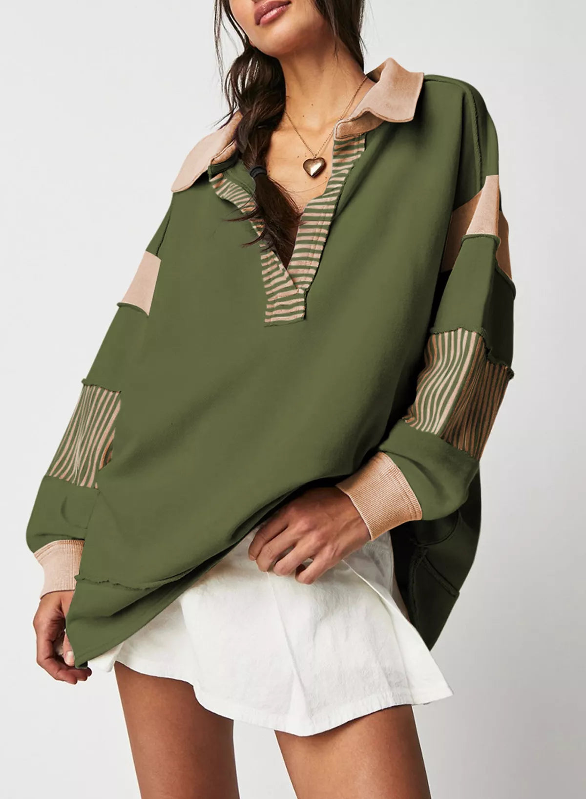 Color Block Striped Johnny Collar Sweatshirt - Lilixa.store