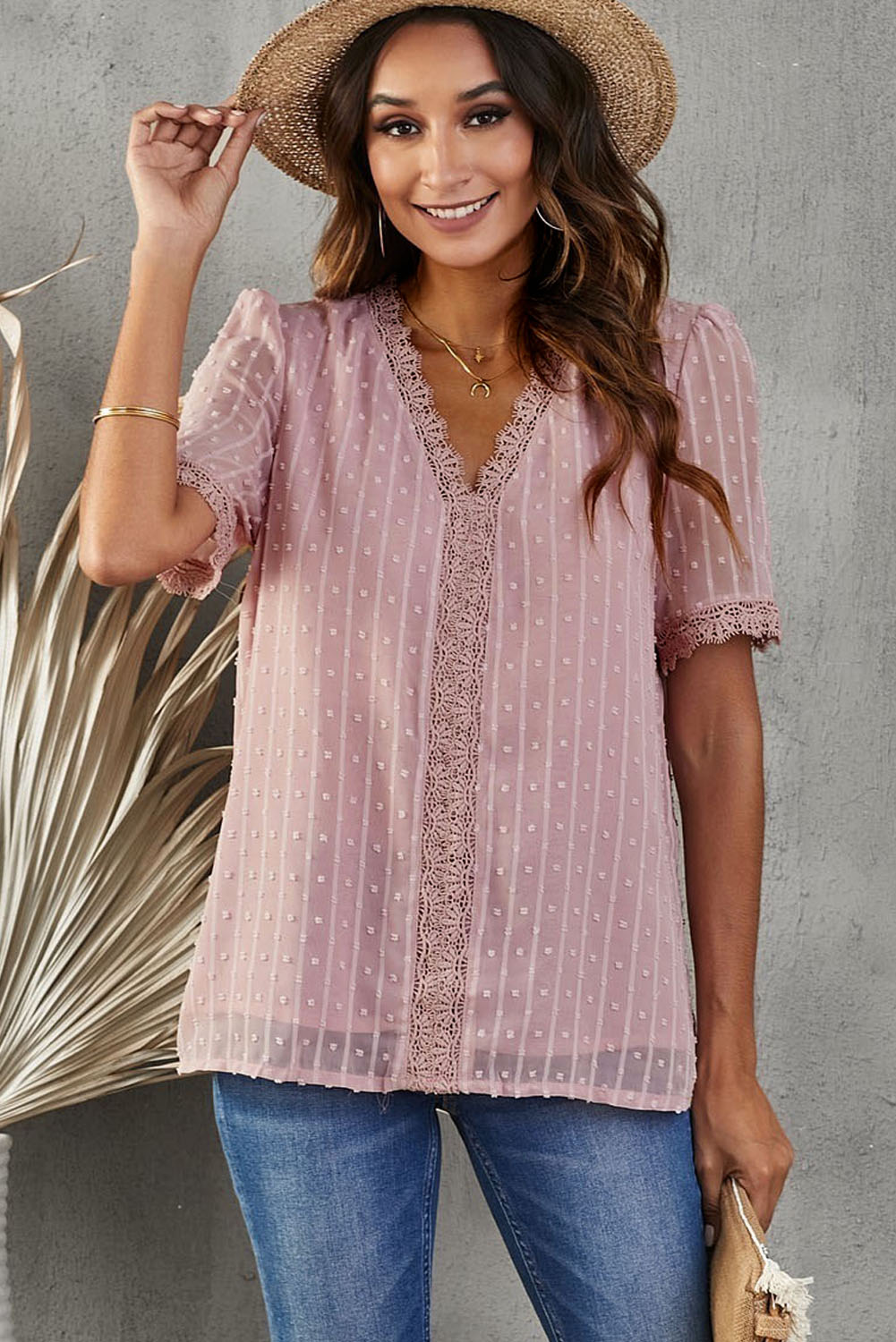 Swiss Dot Lace Trim Plunge Blouse, view 3