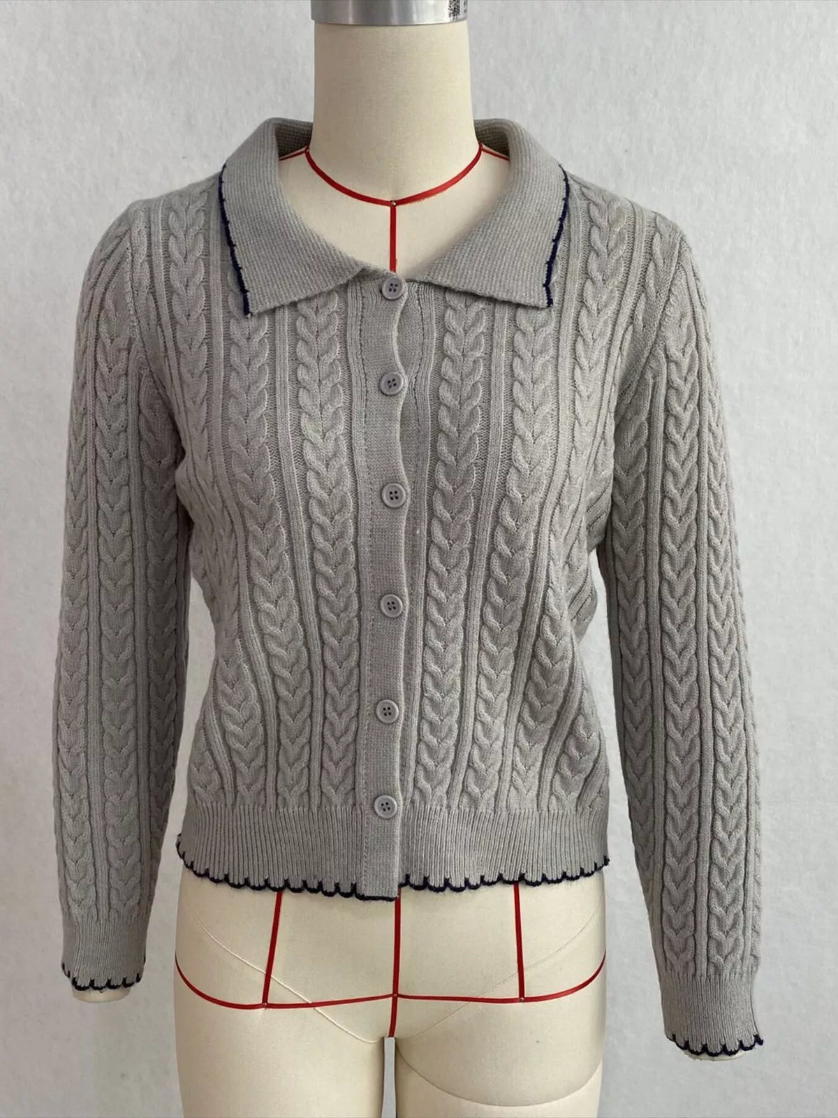 Cable Knit Polo Collar Button-Up Cardigan, view 4