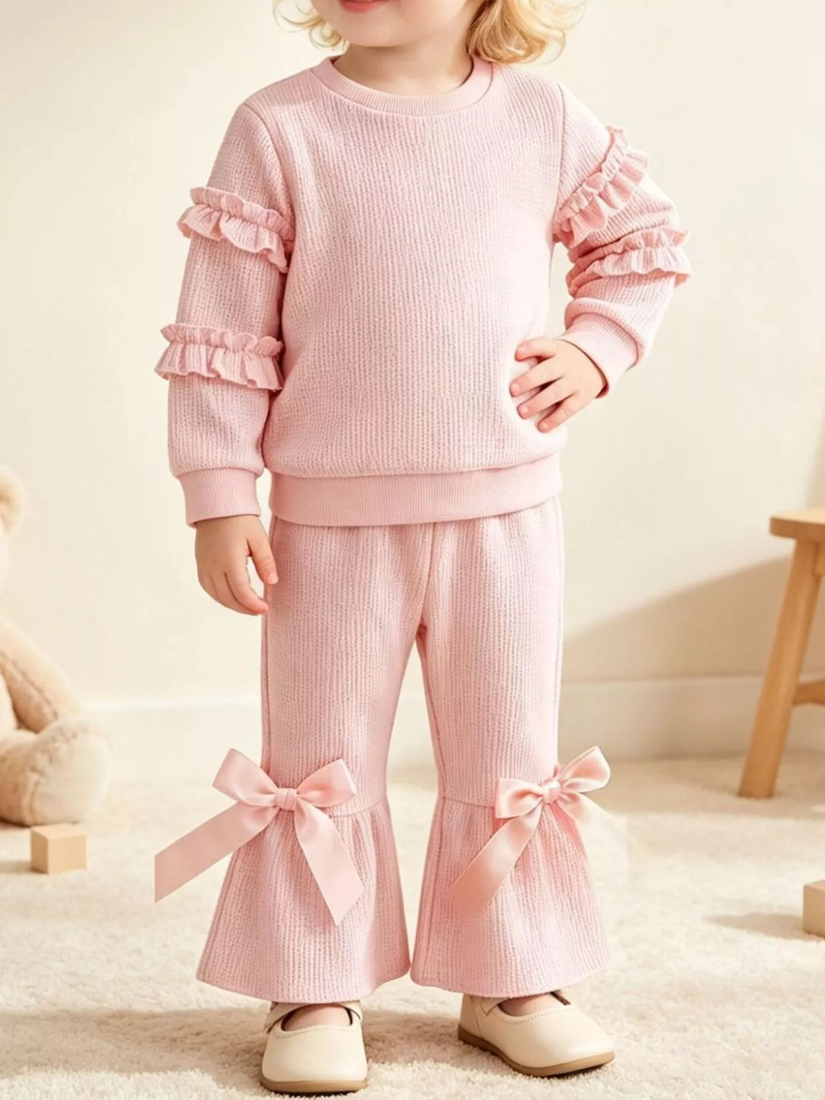 Children's Ruffle Sleeve Top and Bow Flare Pant Set - Lilixa.store