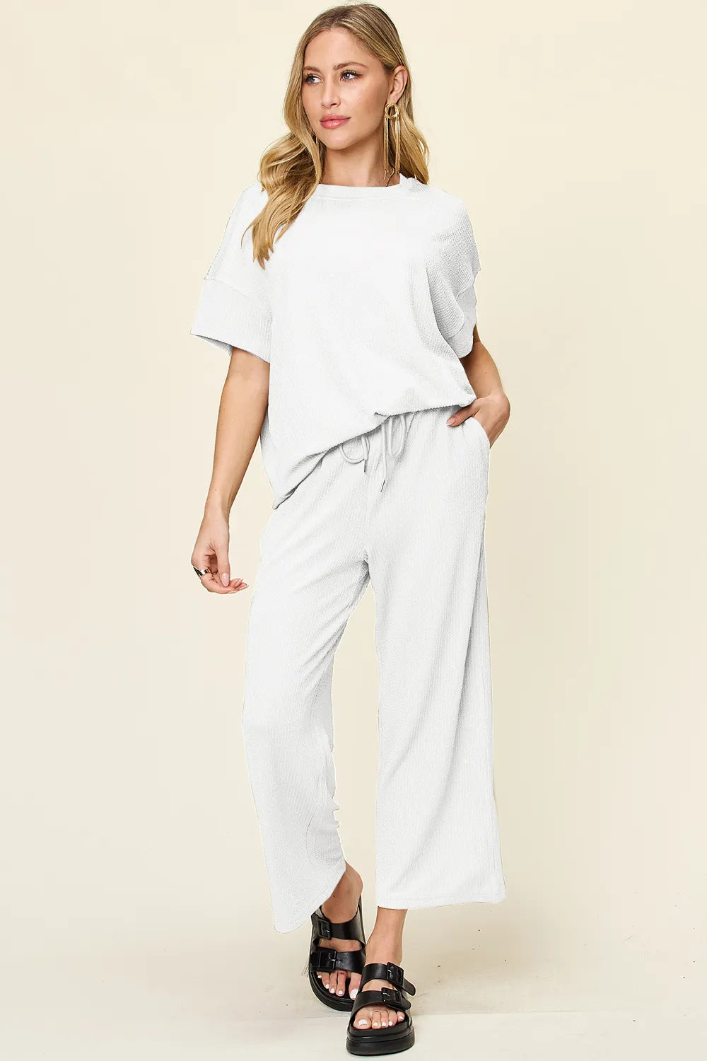 Double Take Full Size Texture Round Neck Short Sleeve T-Shirt and Wide Leg Pants, view 22
