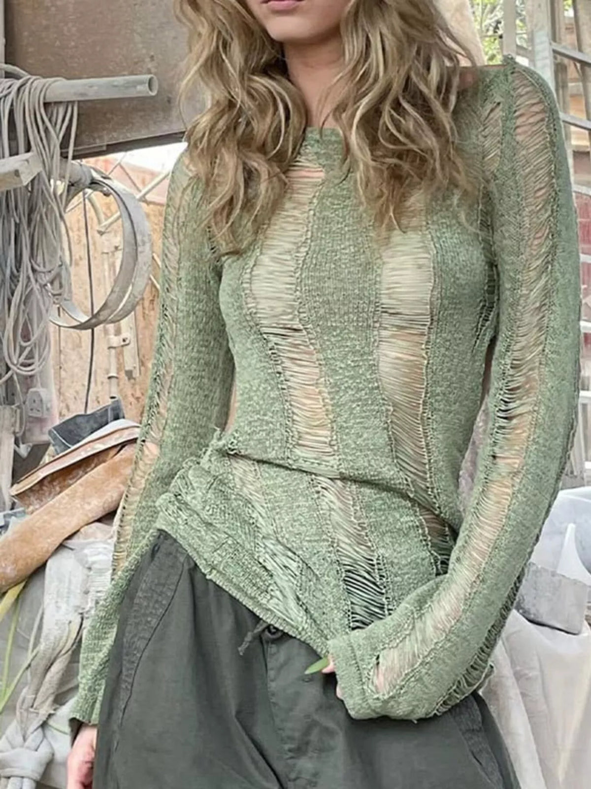 Backless Distressed Long Sleeve Knit Cover Up - Lilixa.store