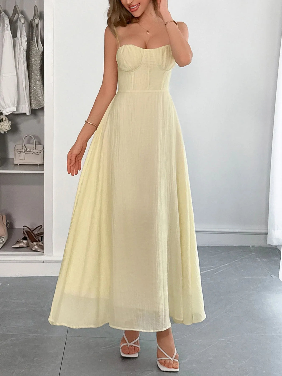 Texture Sweetheart Neck Backless Cami Dress - Lilixa.store