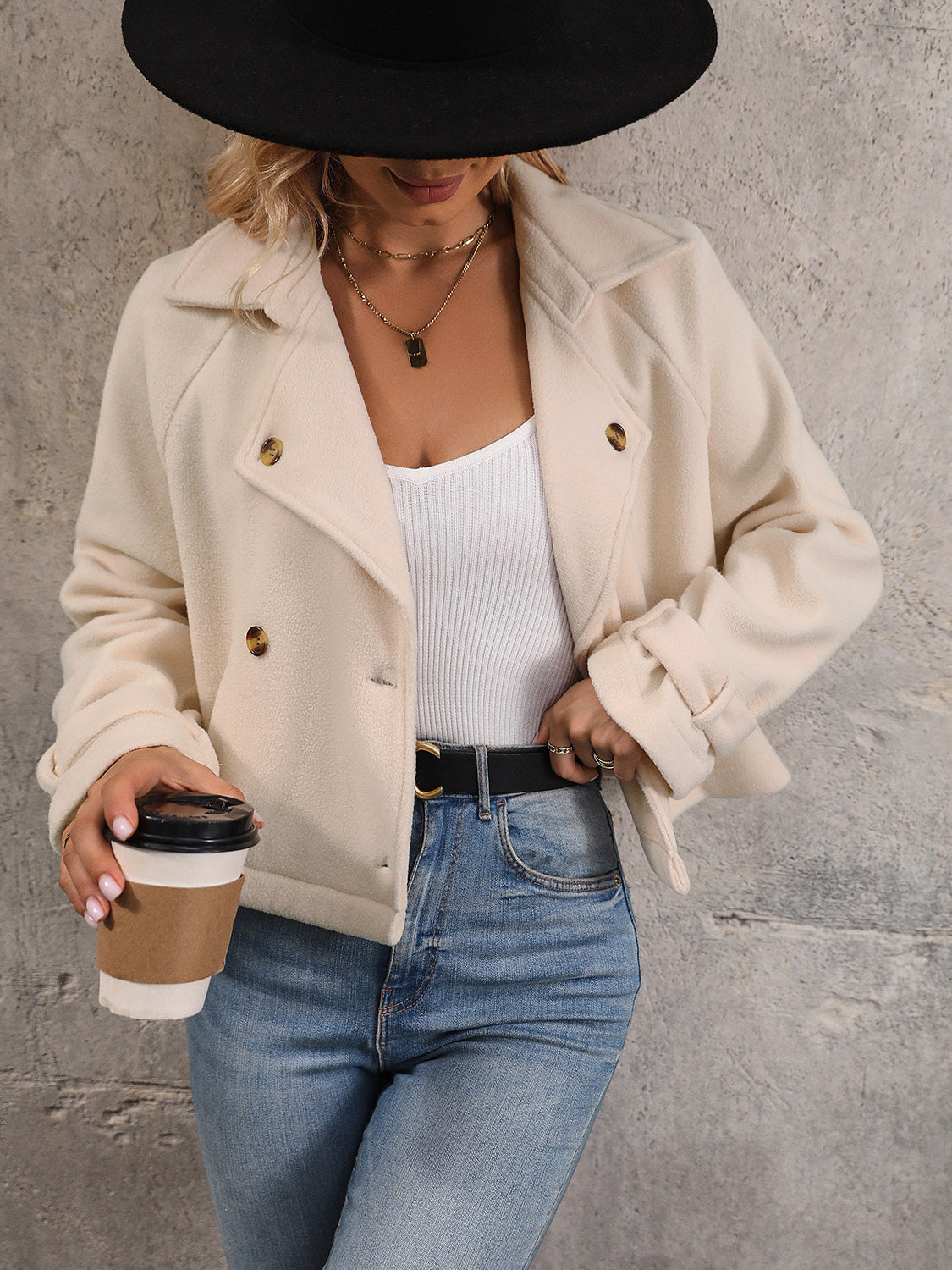 Perfee Button Up Collared Neck Long Sleeve Jacket in Sand, view 4