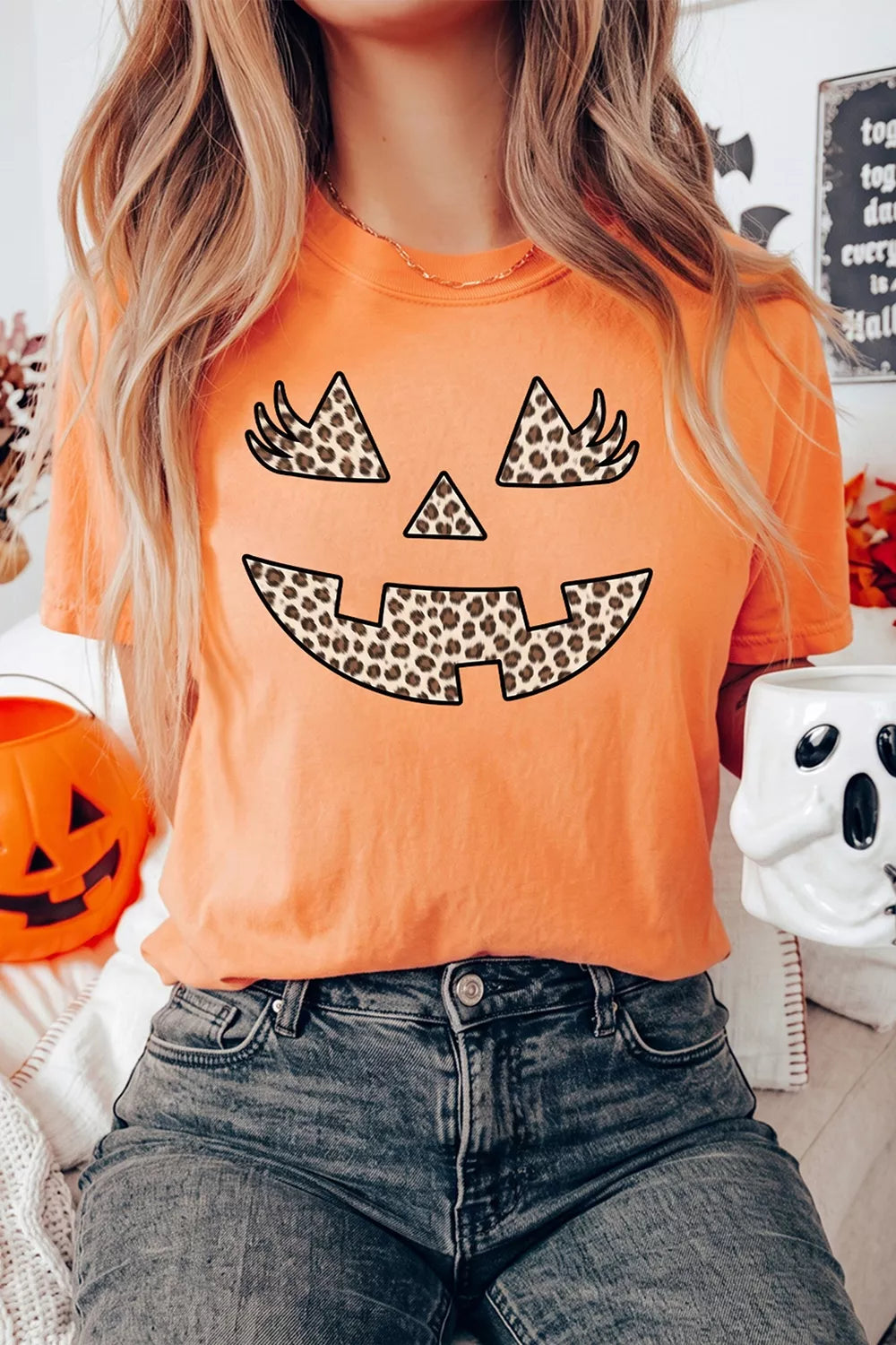 Halloween Pumpkin Face Leopard Graphic T-Shirt