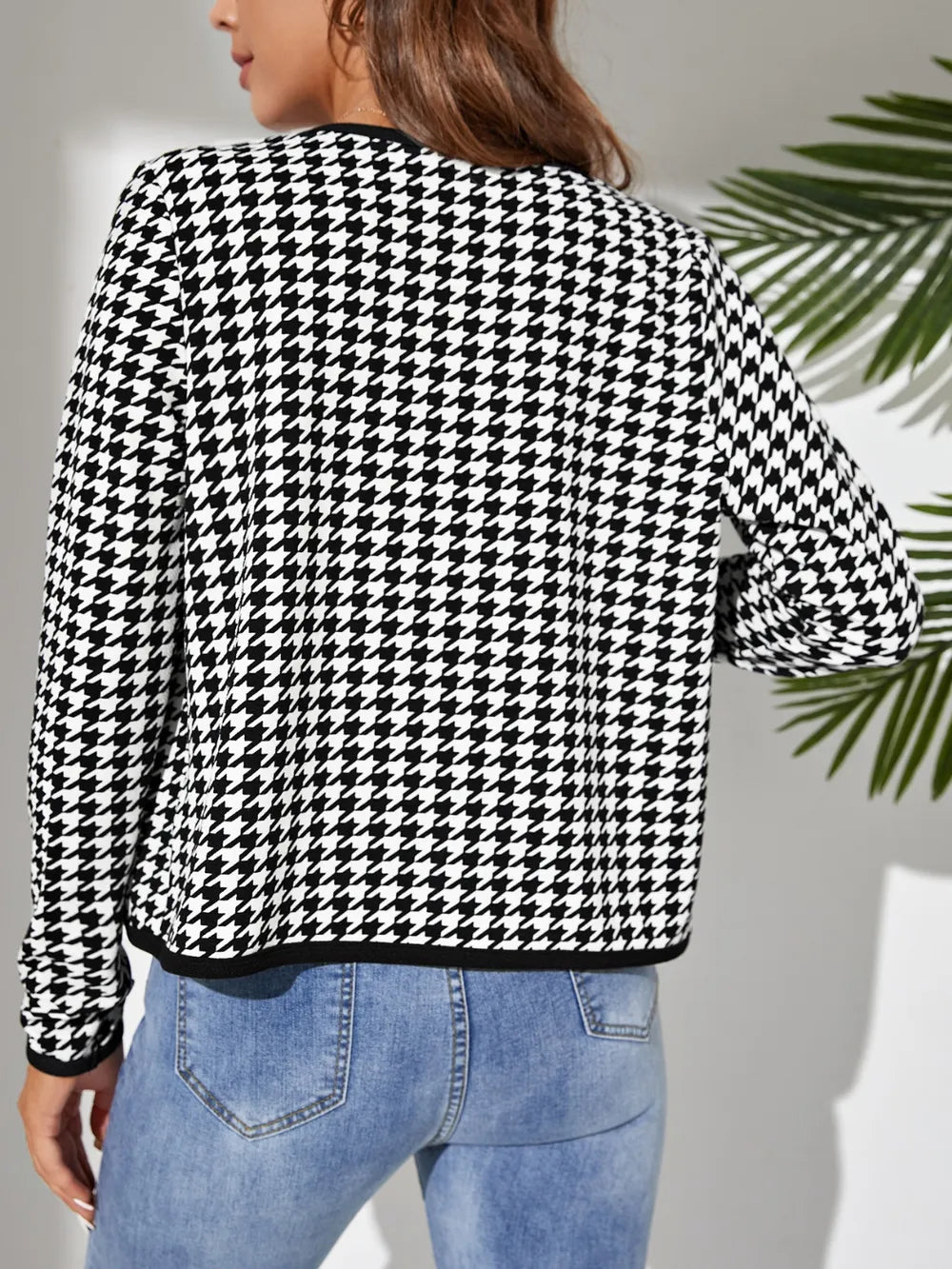 Houndstooth Open Front Long Sleeve Jacket in Black, view 2