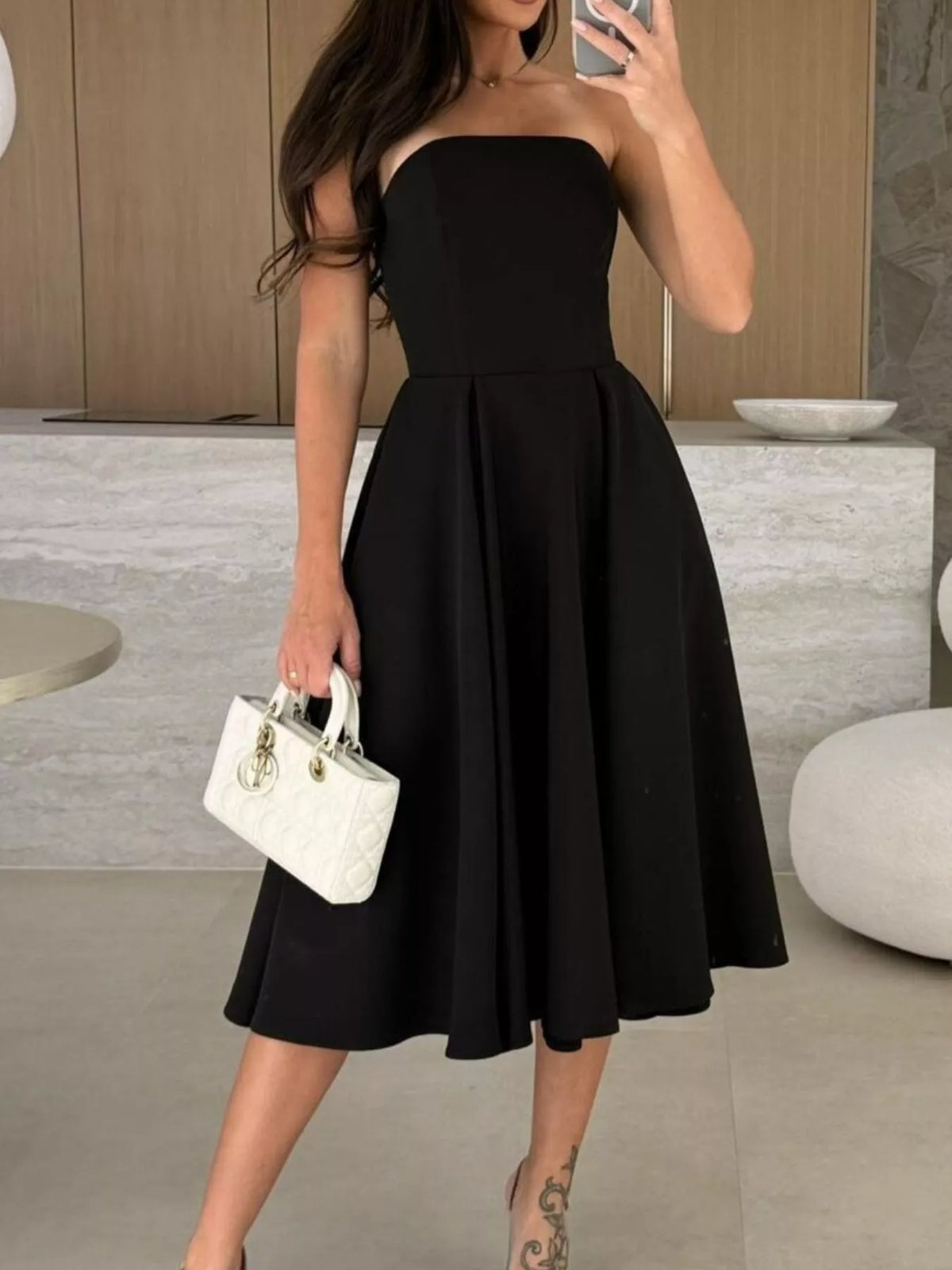 Strapless Ruched A-Line Midi Dress, view 4