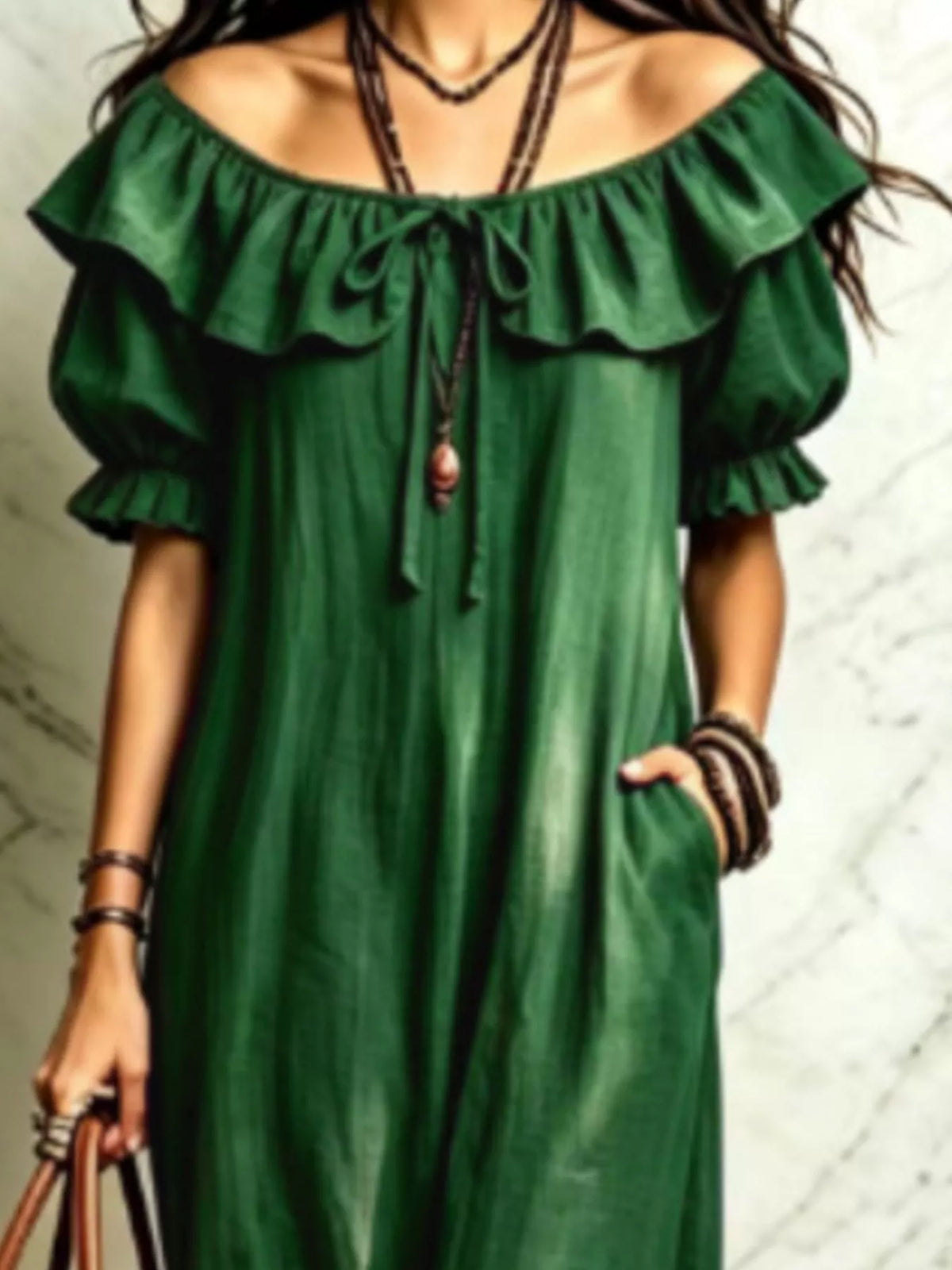 Ruffle Trim Puff Sleeve Maxi Dress - Lilixa.store