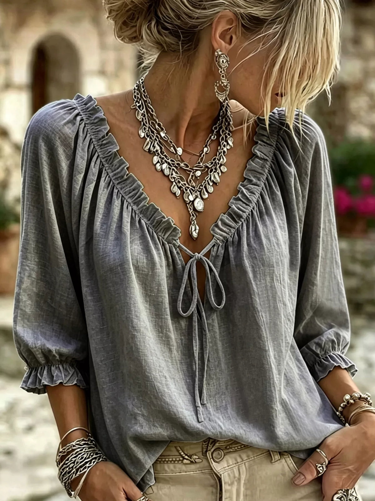 Frill Tie Neck 3/4 Sleeve Blouse - Lilixa.store