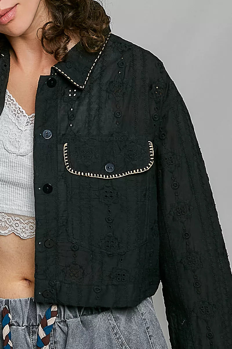POL Cropped Button-Front Eyelet Cotton Jacket in Black, view 8