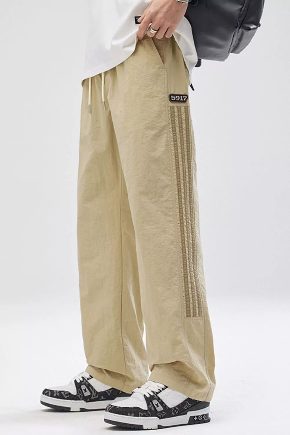 Men's Full Size Striped Casual Wide Leg Pants Plus Size in Khaki
