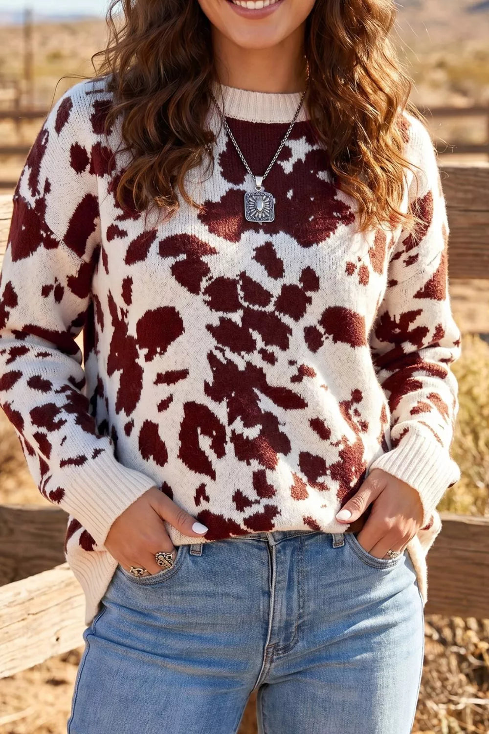 Western Print Cow Pattern Long Sleeve Round Neck Pullover Knitwear Sweater