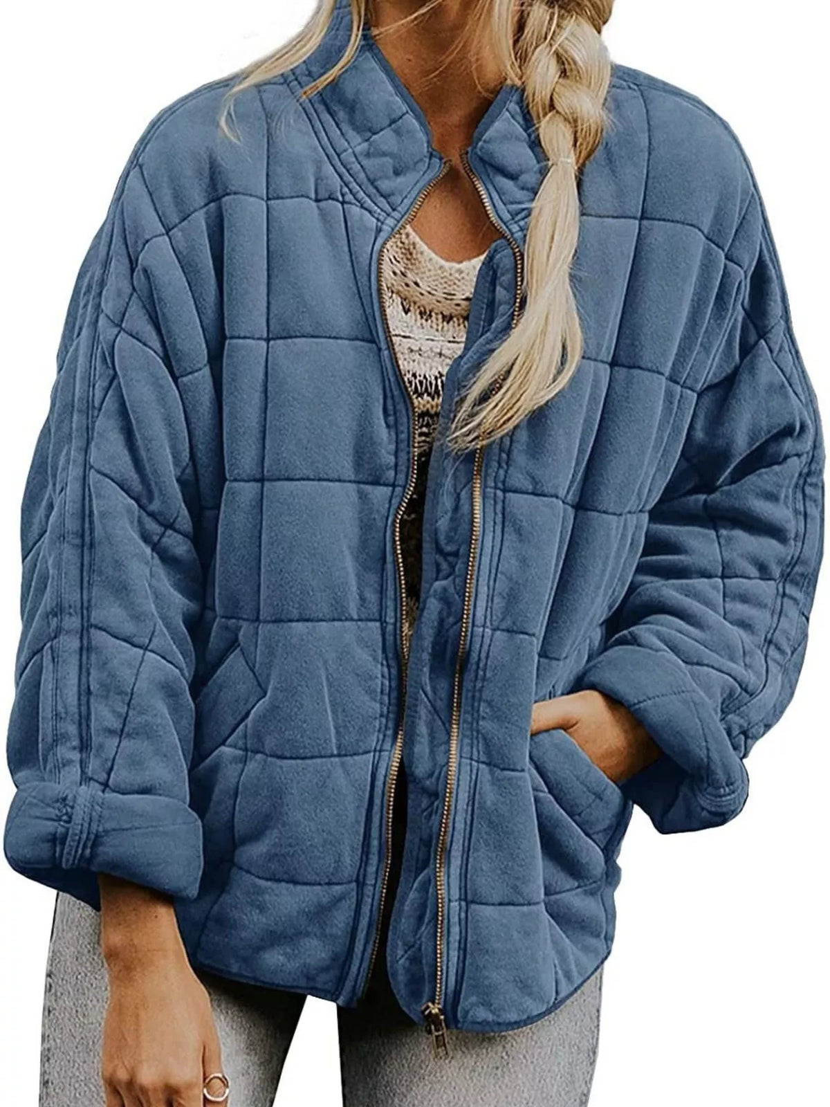 Quilted Zip Up Outerwear in Gray Blue