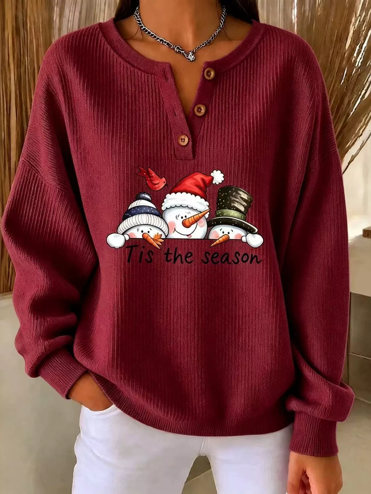 Full Size Christmas Themed Snowman Graphic Ribbed Henley Sweatshirt Plus Size in Burgundy