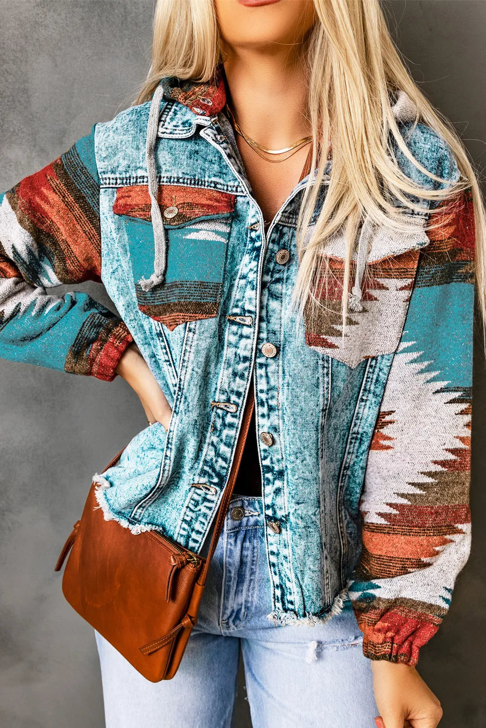 Drawstring Hooded Pocketed Denim Jacket, view 7